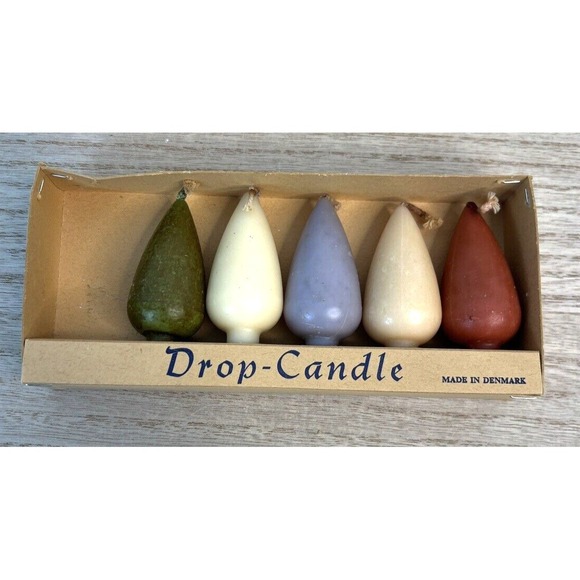 Denmark Hjerte Lys Drop Candles Set 5 Asst Colors 3" Green Cream Purple Orange - Picture 3 of 7